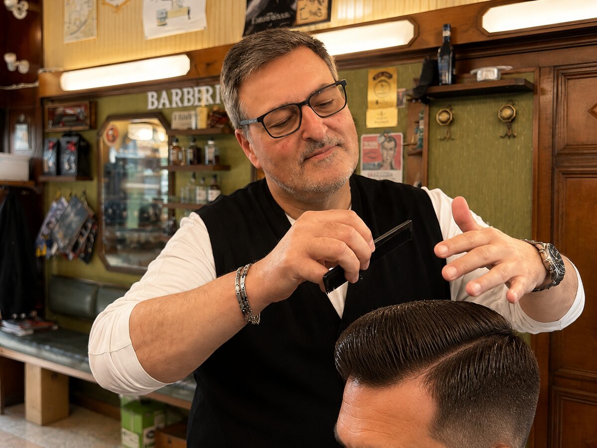 Rino di Robert Barber Shop al lavoro